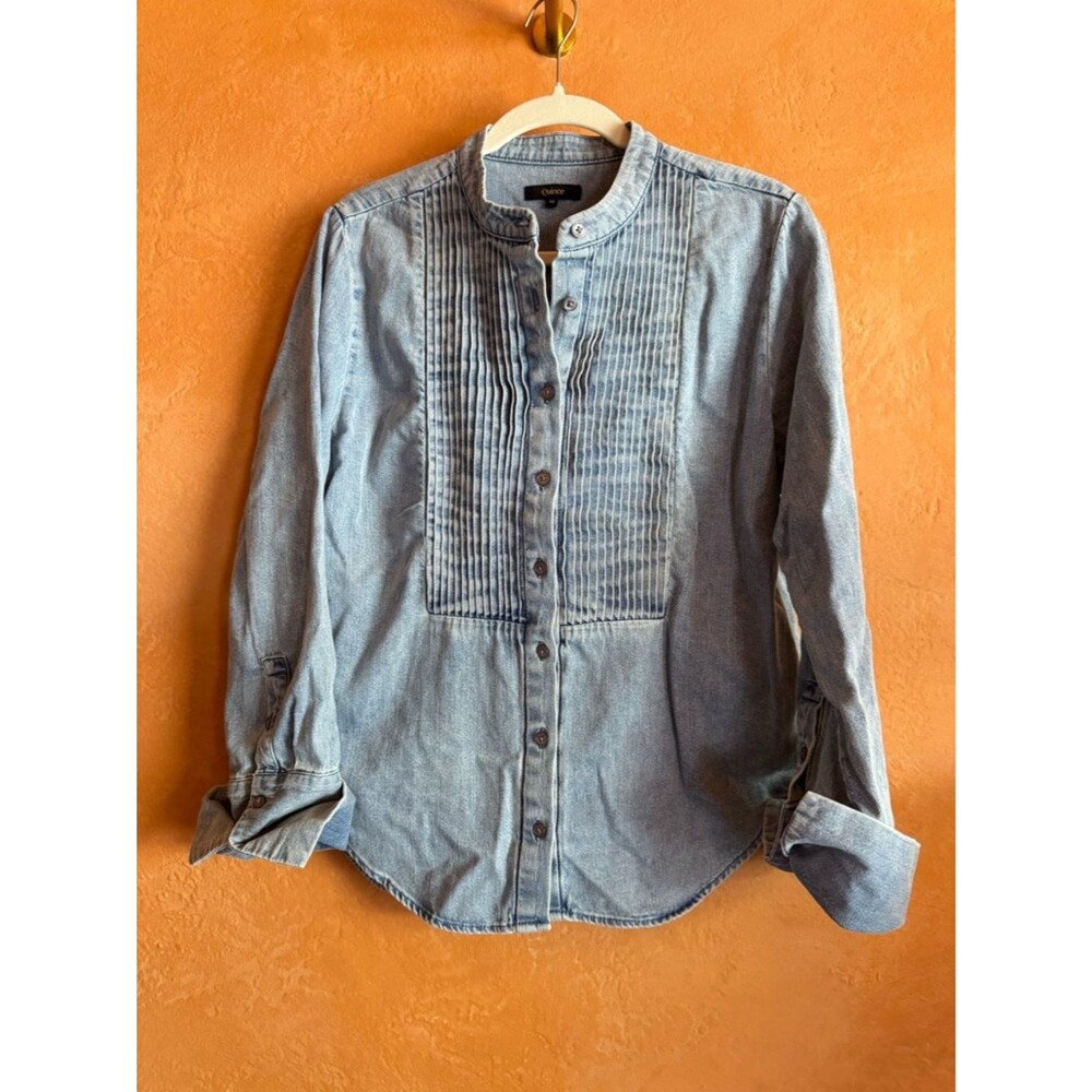 Quince Chambray Denim Pintuck Tuxedo Shirt Medium Cotton Button Front Minimalist